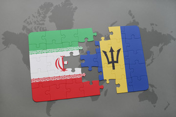 puzzle with the national flag of iran and barbados on a world map background.
