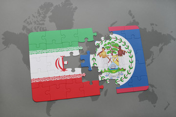 puzzle with the national flag of iran and belize on a world map background.