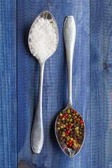 Salt and pepper. Two spoons with salt crystals and color peppercorns