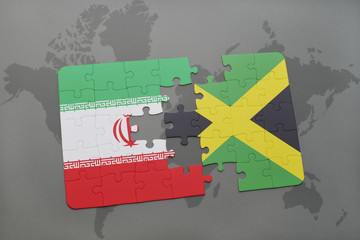 puzzle with the national flag of iran and jamaica on a world map background.