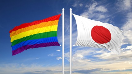 Naklejka premium 3d rendering gay flag with Japan flag