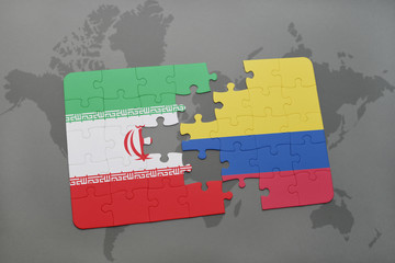 puzzle with the national flag of iran and colombia on a world map background.