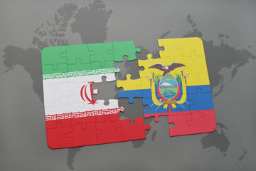 puzzle with the national flag of iran and ecuador on a world map background.