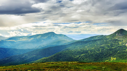 Naklejka na ściany i meble Picturesque Carpathian mountains landscape, view from the height, Chornogora ridge, Ukraine.