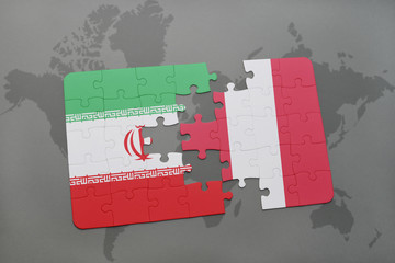 puzzle with the national flag of iran and peru on a world map background.