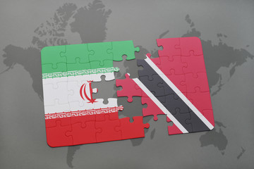 puzzle with the national flag of iran and trinidad and tobago on a world map background.