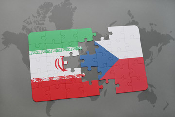 puzzle with the national flag of iran and czech republic on a world map background.