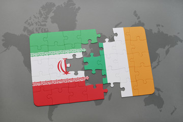 puzzle with the national flag of iran and ireland on a world map background.