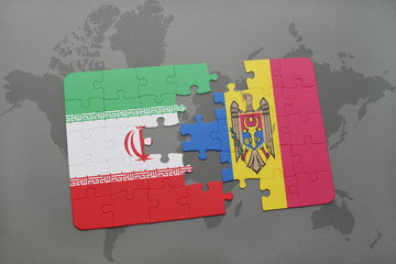 puzzle with the national flag of iran and moldova on a world map background.