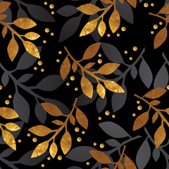 Floral seamless pattern with gold texture leafs