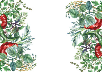 Fototapeta premium Watercolor herbs and spices frame. Hand painted food objects: basil, rosemary, parsley, oregano, thyme, dill, knot-grass, green and red pepper on white background.