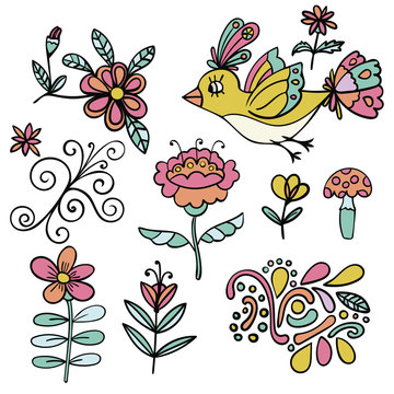 Set of abstract tropical floral elements, yellow paradise bird, cartoon elements. Colorful flowers. Design doodle collection isolated on white background. Vector illustration.
