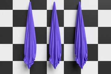 Three Blue Hand Towels On An Checkerboard Pattern Wall, 3d illustration