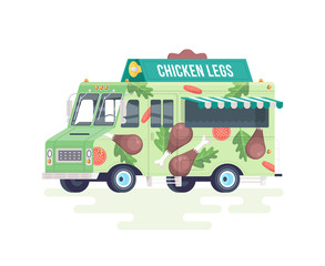 Vector colorful flat chicken legs truck. Food truck. Isolated on white background.