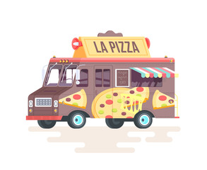 Vector colorful flat pizza truck. Isolated on white background.