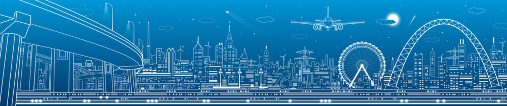 Industrial and technology panorama, urban landscape, infrastructure scene, night city, vector design art