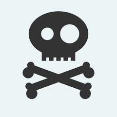Icon of Jolly Roger symbol. Pirate, filibuster, corsair sign of crossed bones or crossbones and skull. Vector emblem