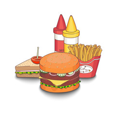 Vector illustration of cartoon fast-food meal colored with shadows.