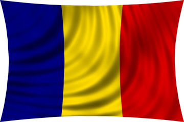 Flag of Romania waving in wind isolated on white