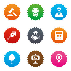 Real estate, auction icons. Handshake, for sale.