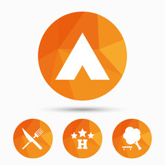 Food, hotel, camping tent and tree signs.