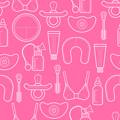 Breastfeeding. Seamless pattern, background with linear flat icons. Motherhood.