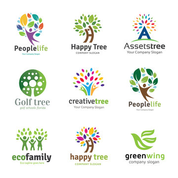 Tree logo set,People logo set,family logo set,green eco logo,Vector logo template