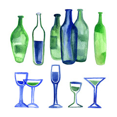 Hand drawn design in sketch style - watercolor set of wine glasses and bottles -