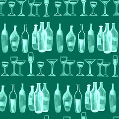 Fototapeta premium Abstract seamless background. Green wine bottles, glasses and watercolor blots.