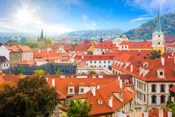 Fototapeta na wymiar Aerial view of Old Tiles roofs in the city Prague, Europe