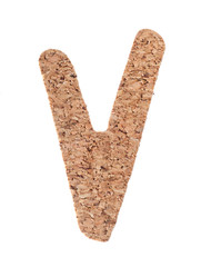 Cork board letter V isolated on white background