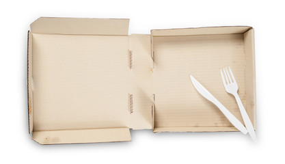 Blank pizza box with Plastic knife and fork isolated on white ba