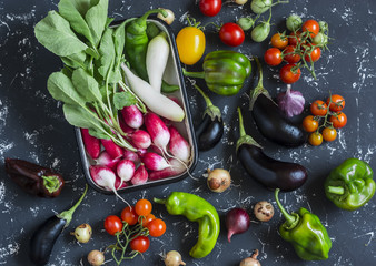 Fresh vegetables - radishes, tomatoes, peppers, onions, garlic, eggplant on a dark background, top view. Raw ingredients for cooking