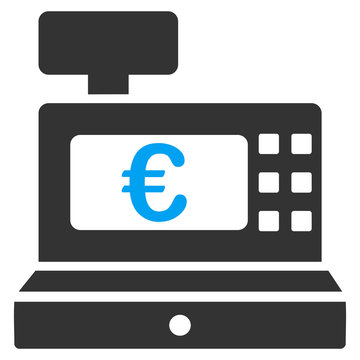 Euro Cashbox icon. Vector style is bicolor flat iconic symbol with rounded angles, blue and gray colors, white background.