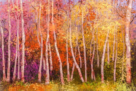Oil painting landscape - colorful autumn trees. Semi abstract image of forest, aspen trees with yellow and red leaf. Autumn, Fall season nature background. Hand Painted landscape, Impressionist style