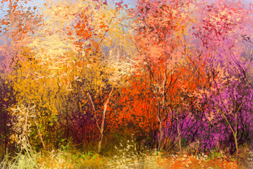 Oil painting landscape - colorful autumn trees. Semi abstract image of forest, trees with yellow - red leaf. Autumn, Fall season nature background. Hand Painted Impressionist style 
