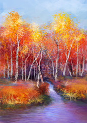 Obrazy  Obraz olejny pejzaż - kolorowe jesienne drzewa. Semi abstrakcyjny obraz lasu, drzew z żółto - czerwonym liściem i jeziorem. Jesień, jesień sezon natura tło. Ręcznie malowany krajobraz, styl impresjonistyczny
