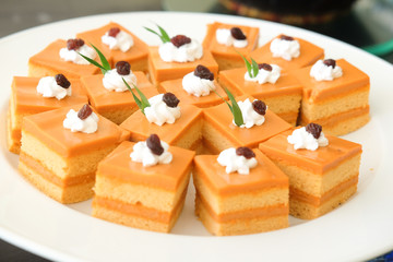 Close up shot of Thai tea cake in buffet