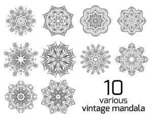 Big set of different vintage round patterns. Vector elements for postcards, patterns and your design