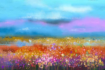 Foto op Canvas Abstracte kleurrijke olieverfschilderij landschap achtergrond. Semi abstract beeld van wilde bloemen en veld. Gele en rode wilde bloemen op weide met blauwe lucht. Lente, zomerseizoen natuur achtergrond © nongkran_ch