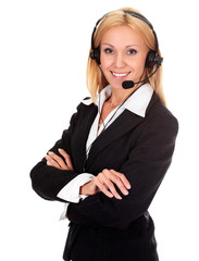 Woman from call center smiling happy talking in hands free heads