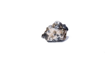 A close up of iron pyrite mineral isolated on white background.