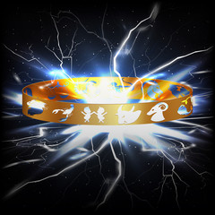 ring with signs of the zodiac  a flash  lightning in space