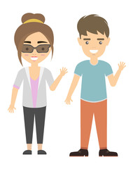 Isolated cartoon couple. Funny smiling young man and woman standing on white background. Isolated cartoon characters.
