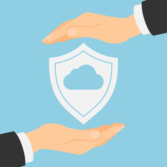 Cloud storage protection. Data privacy and computer safety. Hands safe the cloud.