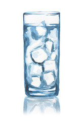 Isolated watercolor glass. Glass of water with ice cubes and splash. Fresh healthy beverage.