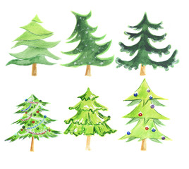 Watercolor christmas tree set. Cute green tree set for new year and christmas decoration.