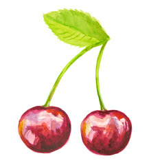 Isolated watercolor cherry. Fresh and tasty berry on white background. Art for decoration.