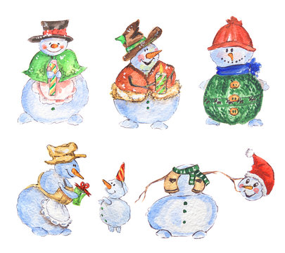 Watercolor snowmen set. Cute funny snowmen set for new year and christmas decoration. Isolated cartoon character.