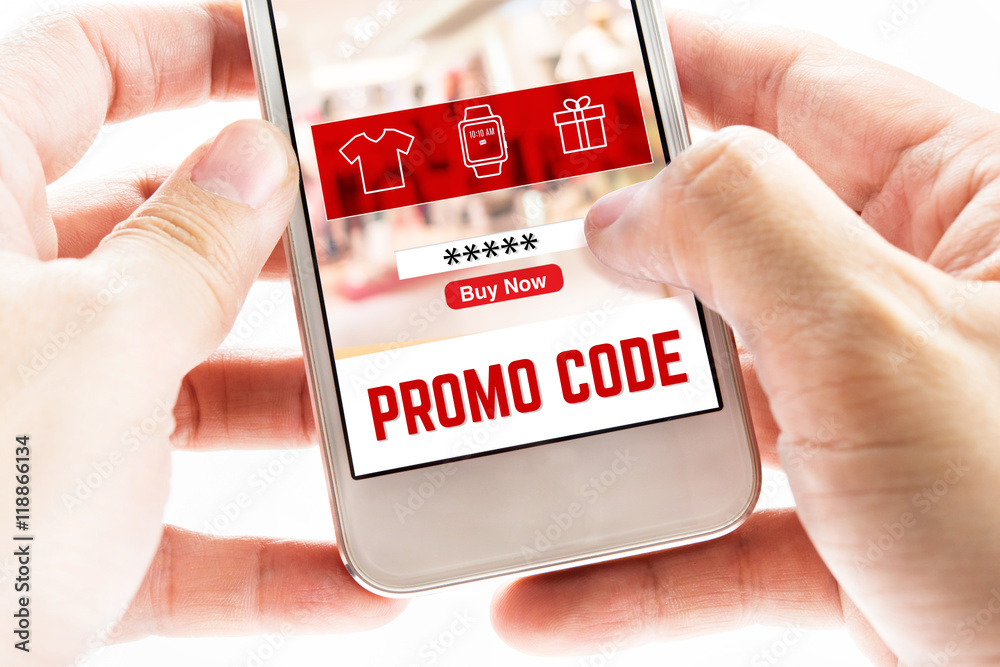 Poster close up two hand holding mobile phone with promo code page and